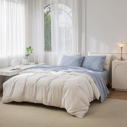 JIYUAN Twin Size Sheet Set, 3-Piece - 100% Washed Cotton, Linen-Like Soft & Breathable, Includes Deep Pocket Fitted & Flat Sheet with 1 Pillowcases, Hotel Quality, Heathered Light Blue