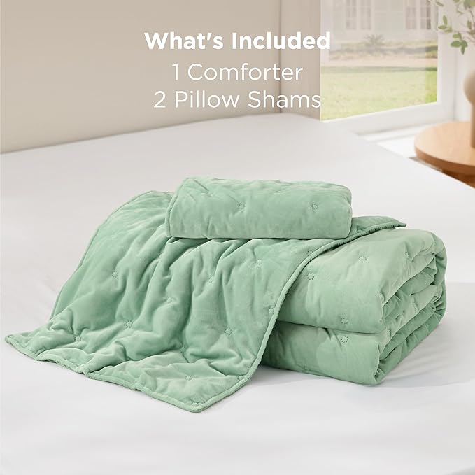 Bedsure Velvet Fleece Comforter Set King, Sage Green Lightweight Quilted Bedding Set, Soft Warm Blanket for All Season, 3 Pieces, 1 Comforter (104" x 90") and 2 Pillow Shams (20" x 36")