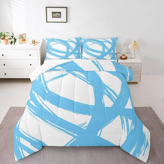 Blue and White Striped Bedding Set Full Size for Adults Youth Teens,Contemporary Boho Modern Art Comforter Set,Graffiti Stripes Lines Quilt,Aesthetic Geometric Duvet Insert for Minimalists