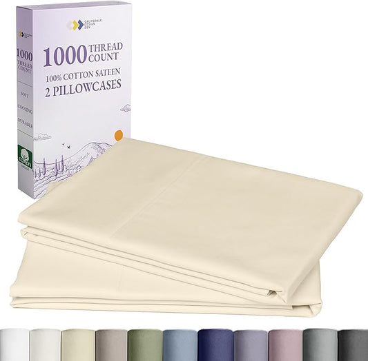 California Design Den Pillow Cases King Size Set of 2-1000 Thread Count Sateen, Soft & Thick 100% Cotton King Size Pillows Cases, Durable - Ivory (Creamy Beige Tone)