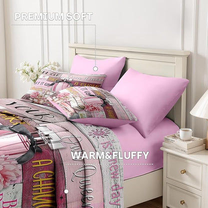Nesker Comforter Set Full Size, Girly Hot Pink Perfume 7 Pcs Bedding for Kids and Adults, Girls Quotes Motivational Book Bed Sheet Sets with Fitted Sheet 2 Pillowcases & 2 Shams
