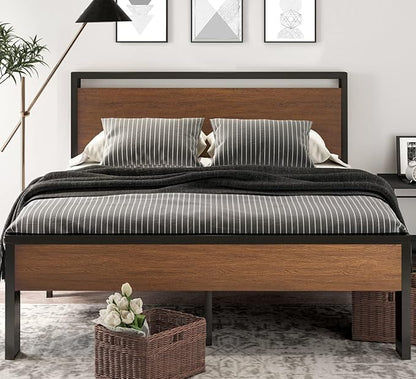 SHA CERLIN 14 Inch Full Size Metal Platform Bed Frame with Wooden Headboard and Footboard, Mattress Foundation, No Box Spring Needed, Large Under Bed Storage, Non-Slip Without Noise, Walnut