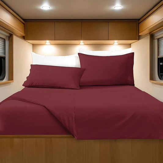 Elegant Comfort Luxurious 1500 Premium Hotel Quality Microfiber Three Line Embroidered Softest 4-Piece Bed Sheet Set, Wrinkle and Fade Resistant, RV Short Queen, Burgundy
