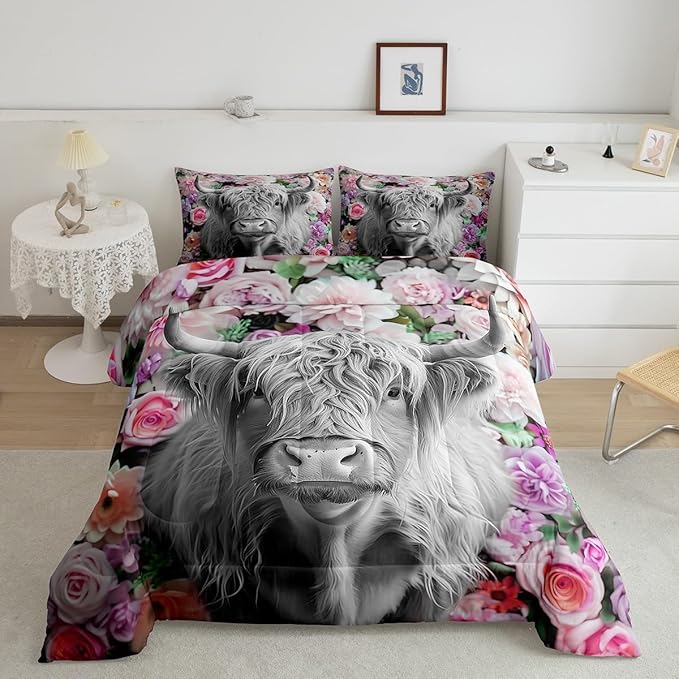 Erosebridal Highland Cow Comforter Set King Size Rose Flower Bedding Set for Kids Girls Boys Teens Adult Western Wild Animal Bull Cattle Down Comforter Funny Farmhouse Comforter Pink Grey