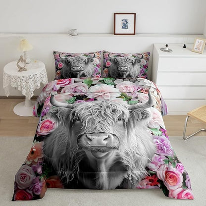 Erosebridal Highland Cow Comforter Set King Size Rose Flower Bedding Set for Kids Girls Boys Teens Adult Western Wild Animal Bull Cattle Down Comforter Funny Farmhouse Comforter Pink Grey