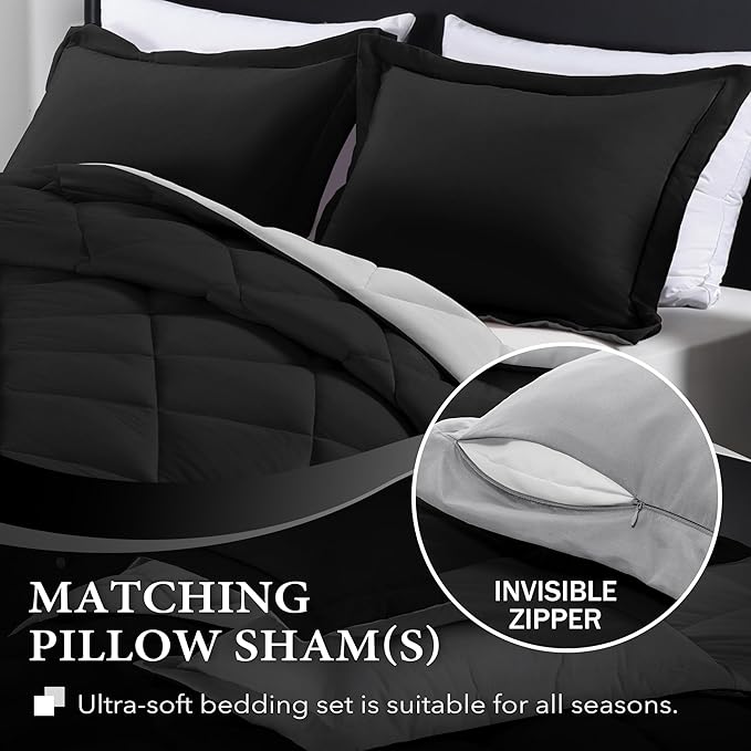 downluxe Twin Comforter Set - Black and Grey Twin Comforter, Soft Bedding Sets for All Seasons -2 Pieces - 1 Comforter (66"x92") and 1 Pillow Sham(20"x26")