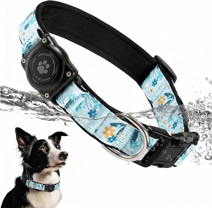 Upgrade Dog Collar with AirTag Holder, IP68 Waterproof, Blue Meadow, M | Built-in Water Resistant AirTag holder, 1000D Nylon, Reflective Stitching for Night Visibility, Soft padding for Comfort