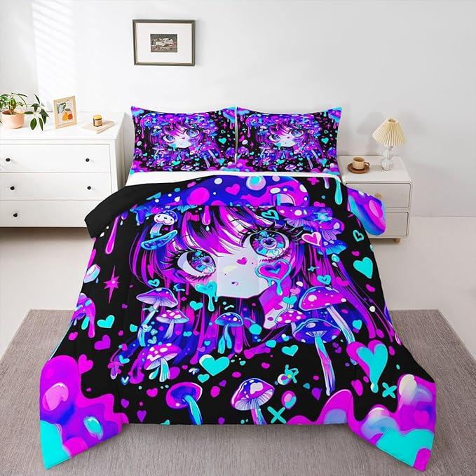 Erosebridal Japanese Girl Bedding King,Cartoon Girly Comforter Set 3D Anime Gifts Bed Sets Colorful Graffiti Print Duvet Insert 3 Pieces