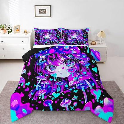 Erosebridal Japanese Girl Bedding King,Cartoon Girly Comforter Set 3D Anime Gifts Bed Sets Colorful Graffiti Print Duvet Insert 3 Pieces