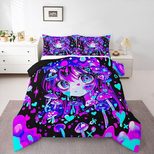 Erosebridal Japanese Girl Bedding King,Cartoon Girly Comforter Set 3D Anime Gifts Bed Sets Colorful Graffiti Print Duvet Insert 3 Pieces