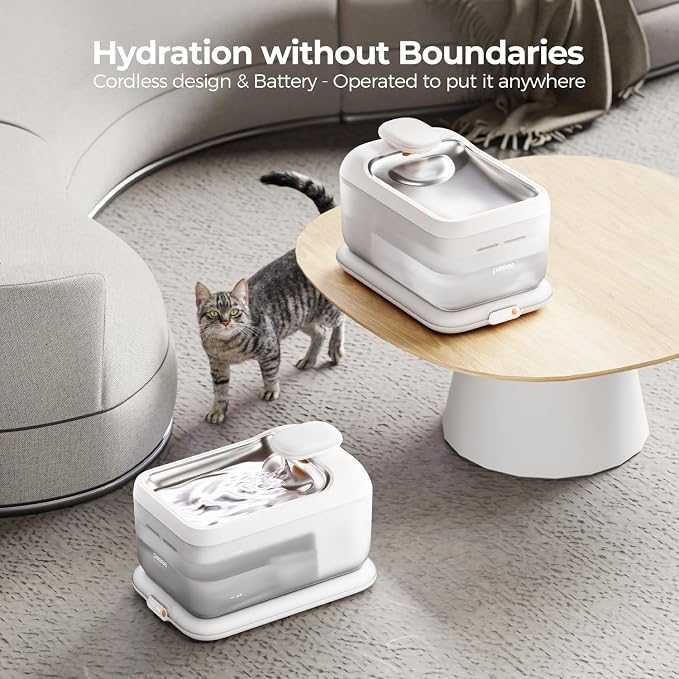 Cordless Cat Water Fountain, Automatic Pet Water Fountain Battery Operated, 4.5L with Stainless Steel Tray for Cats Dogs Multiple Pets Indoor, Wireless Water Pump and Ultra-Quiet S7 Air White
