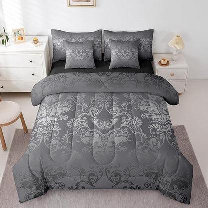 Erosebridal Gothic Damask Bed in a Bag King Size Comforter Set 7 Pieces,Butterfly Skull Bedding Sets Silver Gray Victorian Floral Goth Sheet Set with Comforter