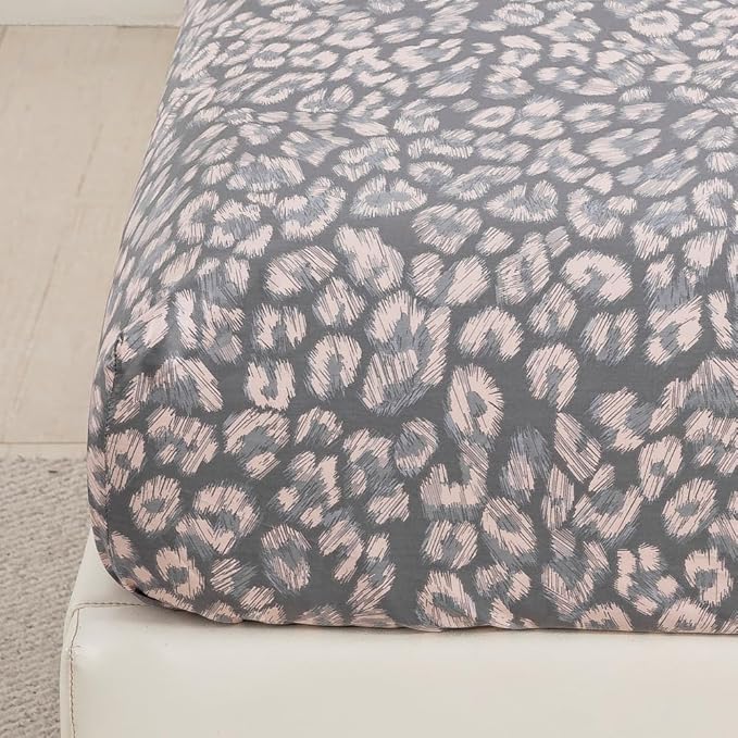 DAUAOTO Twin Size Printed Sheets Set, 100% Cotton Bedding Sets, Up to 14" Deep Mattress, Modern Pattern Bedlinen Set, Leopard Gray