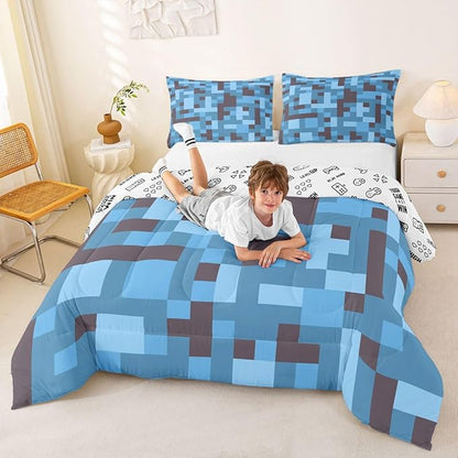 Pixel Grid Miners Comforter Set King Size,Reversible Gamepad Video Games Kids Bedding Set,Army Camo Geometric Quilt Comforter,Black Light Blue Duvet Insert,2 Pillowcases