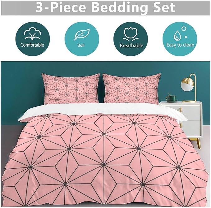 INFLAG Anime Bedding Set, 3-Piece Anime Duvet Cover King Size Ultra Soft Breathable 3D Printed Microfiber Comforter Cover, Cartoon Quilt Cover, Teen Comforter Cover with 2 Pillowcases (King,Pink)