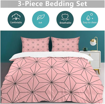 INFLAG Anime Bedding Set, 3-Piece Anime Duvet Cover King Size Ultra Soft Breathable 3D Printed Microfiber Comforter Cover, Cartoon Quilt Cover, Teen Comforter Cover with 2 Pillowcases (King,Pink)