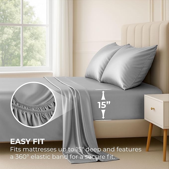 Satin Sheets Full [4-Piece, Grey] Hotel Luxury Silky Bed Sheets - Extra Soft 1800 Microfiber Sheet Set, Wrinkle, Fade, Stain Resistant - Deep Pocket Fitted Sheet, Flat Sheet, Pillow Cases