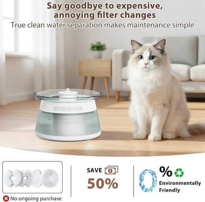 Glass Smart Cat Water Fountain Filterless | Pet Drinking Water Fountain Bowl No Filter, Battery Operated Cat Water Fountain