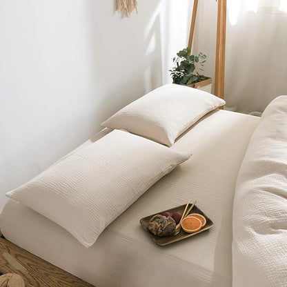 VM VOUGEMARKET Beige Duvet Cover Queen Size - 3 Pieces Muslin Cotton 3-Layer Guaze Textured Bedding Set,Includes 1 Duvet Cover 90x90 Inches with Zipper Closure & 2 Pillowcases
