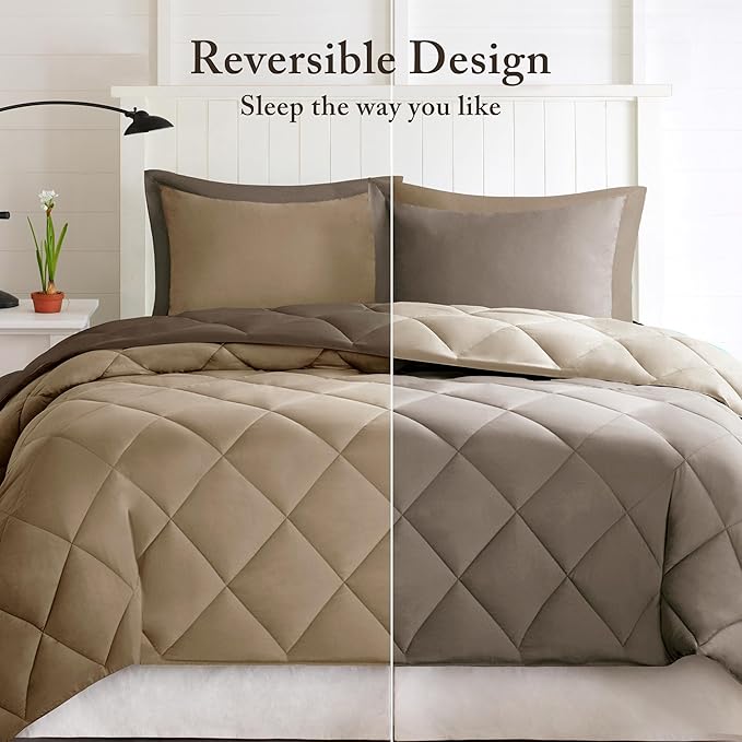 Madison Park Essentials Larksppur Reversible Down Alternative 3M Scotchard Comforter Mini Set, Full/ Queen, Brown/ Sand