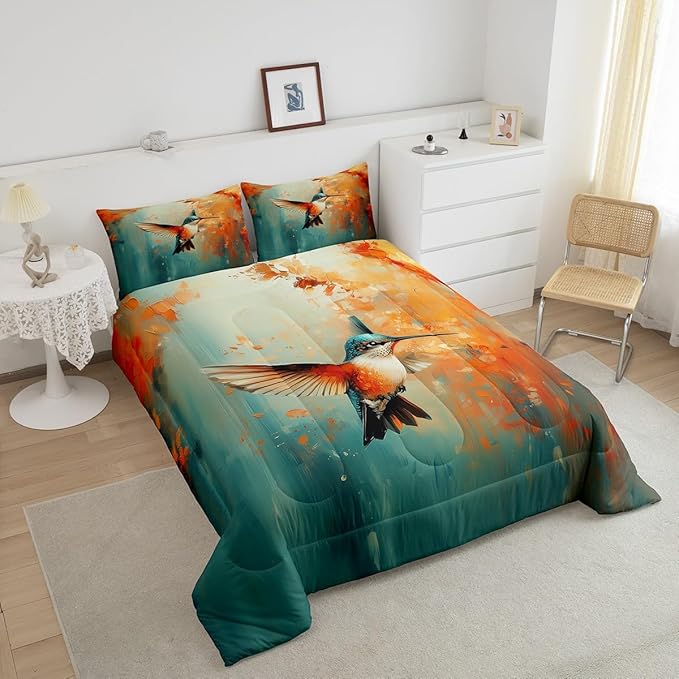 Feelyou Hummingbird Comforter Set Full Size Tropical Birds Comforter Hummingbird Flowers Bedding Set Blossoming Iris Flowers Duvet Set Room Decor Teal Quilt Set