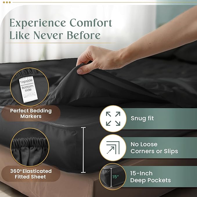 100% Cotton Sheets King Size Sheets Set with Fitted Sheet & Pillowcase Sets, 800 Thread Count Sateen Weave 4 piece 15" Deep Pocket King Sheet Set, Soft & Comfy Naturally Cool Luxury Bedding- Charcoal