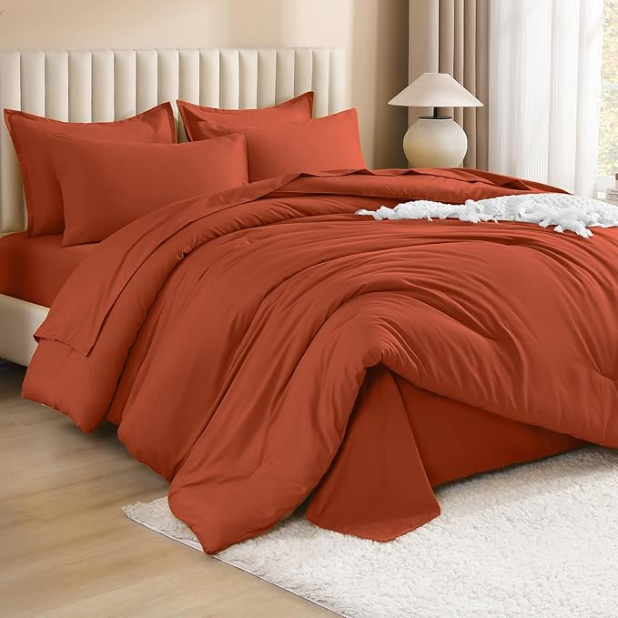 Litanika Burnt Orange Comforter Queen Size Set - 7 Pieces Terracotta Bed in a Bag Queen Bedding Comforter Sets, Plain Lightweight Bed Set with Comforter, Sheets, Pillowcases & Shams