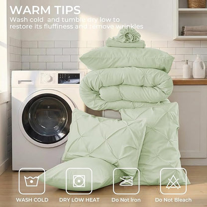 Sasttie King Size Comforter Set, 7-Piece Bed in a Bag, Pintuck Bedding Sets for All Season, Includes Comforter, Flat Sheet, Fitted Sheet, Pillowcases and Pillowshams, Mint
