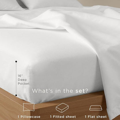 Threadmill Cotton Twin Sheet Set | 100% Cotton Sheets for Twin Size Bed | Solid Sateen Twin Bed Sheets Set with 16” Deep Pocket | Soft Breathable 3-Piece Cooling Sheet Set | White