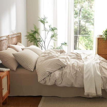 Nayoroom Gingham Duvet Cover King Size 100% Washed Cotton Brown Tan Plaid Checkered Comforter Cover 3 Pcs Soft Breathable Grid Farmhouse Dorm Bedding Set for All Seasons