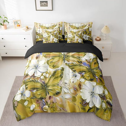 Floral Butterfly 7 Piece Bed In A Bag Full,White Flowers Oil Painting Boho Bedding Set With Sheets Retro Aesthetics Yellow Butterfly Comforter Set For Girls Teen Women,Bohemian Animal Bed Set