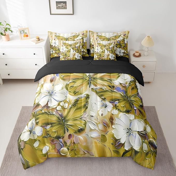 Floral Butterfly 7 Piece Bed In A Bag King,White Flowers Oil Painting Boho Bedding Set With Sheets Retro Aesthetics Yellow Butterfly Comforter Set For Girls Teen Women,Bohemian Animal Bed Set