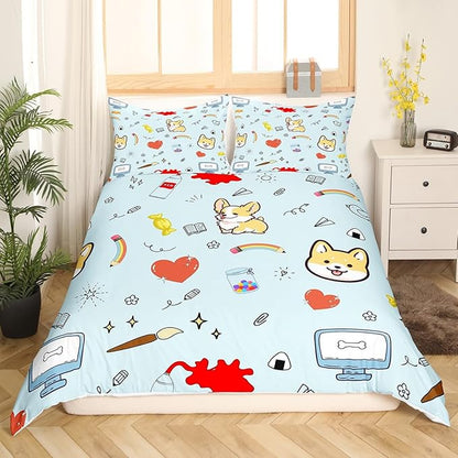 Castle Fairy Cartoon Dog Duvet Cover Twin Size,Hippie Graffiti Painting Comforter Cover with 1 Pillowcase for Boys Girls,Kawaii Puppy Pet Theme Soft Breathable Bed Cover Room Decor,No Comforter