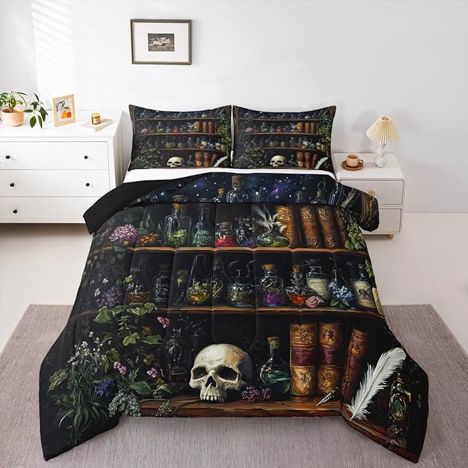 Sugar Skull Comforter Set King Size,Retro Wooden Bookshelf Bedding Set 3Pcs for Kids Teens Girls Boys Room Decor,Magical Gothic Style Quilted Duvet Boho Floral Down Comforter,2 Pillowcases