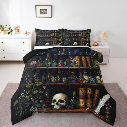 Sugar Skull Comforter Set King Size,Retro Wooden Bookshelf Bedding Set 3Pcs for Kids Teens Girls Boys Room Decor,Magical Gothic Style Quilted Duvet Boho Floral Down Comforter,2 Pillowcases