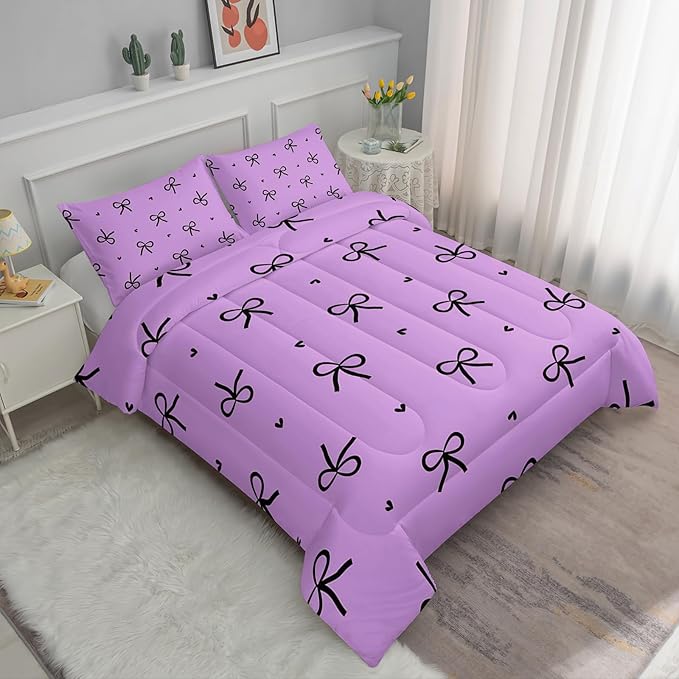 3 Pieces Purple Kawaii Bedding Set for Girls,Black Bowknot Comforter King Size,Cute Bow Tie Knot and Love Bedding for Women Girls Kids,Romantic Princess Quilt Set 1 Comforter 2 Pillowcases