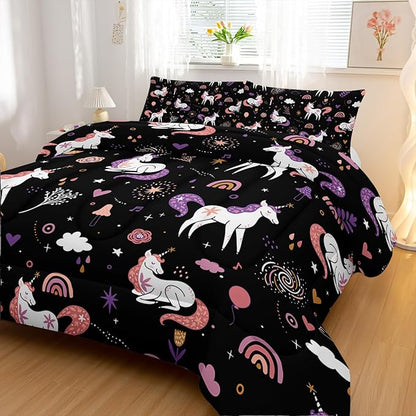 Unicorn 3 Piece Girl Bedding Set King Size,Black 3 Pieces Bedding Set for Girls Kids,Unicorn Comforter Set Girls Room Decor,Rainbow Clouds Star Quilt Set (1 Comforter 2 Pillowcase),All Seasons