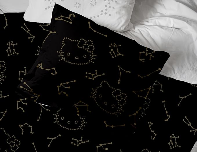 Jay Franco Hello Kitty Stars Full Comforter Set - 7 Piece Bedding Includes Sheet Set & Pillow Covers - Super Soft Zodiac Black & Gold Bedding