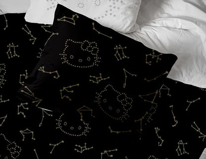 Jay Franco Hello Kitty Stars Queen Comforter Set - 7 Piece Bedding Includes Sheet Set & Pillow Covers - Super Soft Zodiac Black & Gold Bedding