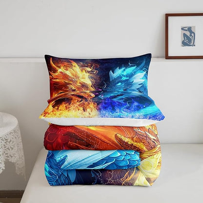 Dragon Comforter Set,Ice and Fire Magical Dragon Queen Size Boys Bedding Set for Kids Teens Men Adults Room Decor,Animal Pattern Duvet Insert,Blue and Golden Wildlife Quilt Set 3Pcs,2 Pillowcases