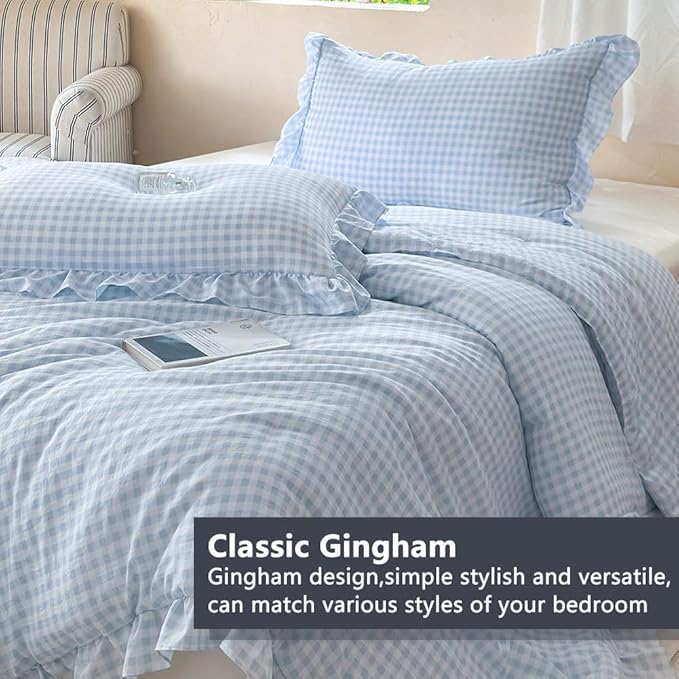 NSNLGSGC Light Blue Ruffle Gingham Comforter Set King, Pre-Washed Ruffled Plaid Checked Comforter Bedding, 3 Pieces Vintage Farmhouse Grid Bedding Set(Blue Gingham, King)