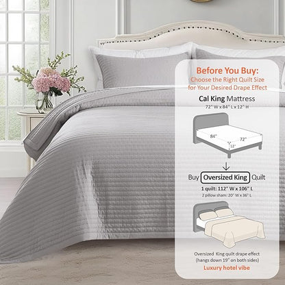 Oversized King Quilt Set 112"x106" – Soft Washed 3-Layer Lightweight California King Bedspread, Minimalist Nordic Design, All-Season Spring & Summer Quilt Set (1 Quilt + 2 Pillow Shams), Gull