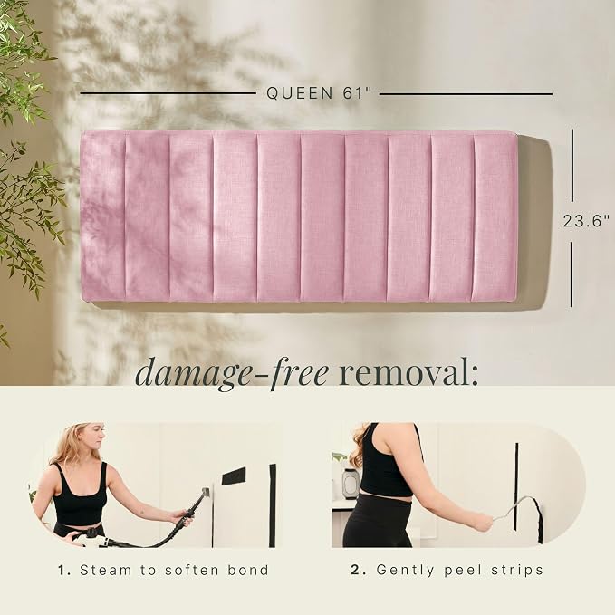 Hearth & Harbor Wall Mounted Queen Headboard Only, Bed Headboard Queen Size | Easy Assemble, Floating Peel and Stick, Upholstered, Channel Stitched, 3D Wall Panels, 5 Strips of 3M Tape Included, Pink