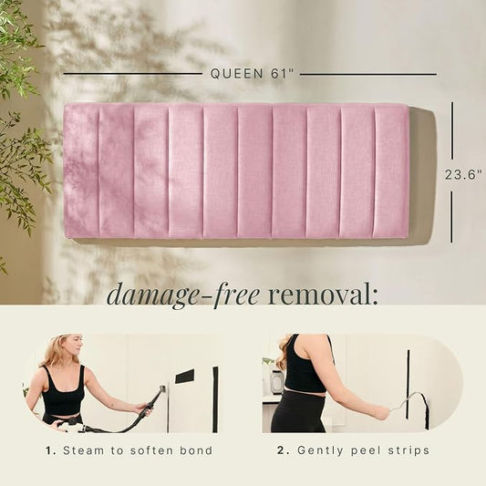 Hearth & Harbor Wall Mounted Queen Headboard Only, Bed Headboard Queen Size | Easy Assemble, Floating Peel and Stick, Upholstered, Channel Stitched, 3D Wall Panels, 5 Strips of 3M Tape Included, Pink