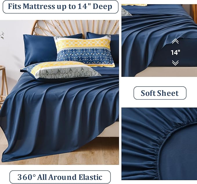 WONGS BEDDING Boho Comforters Set Queen, 7 Pieces Navy Blue and Yellow Comforter Sets Bohemian Bed in a Bag Striped Comforter Set Soft Microfiber Paisley Floral Comforter and Sheet Set for All Season
