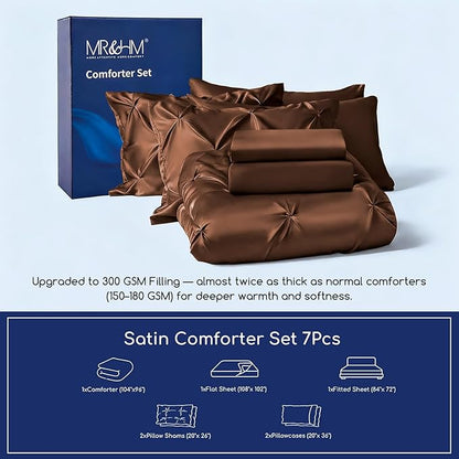 MR&HM Satin Comforter California King 7 Pieces Brown - Luxurious Pinch Pleat Bedding Set with Comforter, Flat Sheet, Fitted Sheet, Pillowcases & Shams, Super Silky Soft Bed Set for All Season
