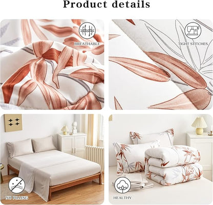6 Pieces Bed in a Bag Twin Comforter Set with Sheets, Burnt Orange Leaves on White Botanical Bedding Sets for Kids (1 Comforter, 2 Pillow Shams, 1 Flat Sheet, 1 Fitted Sheet, 1 Pillowcases)