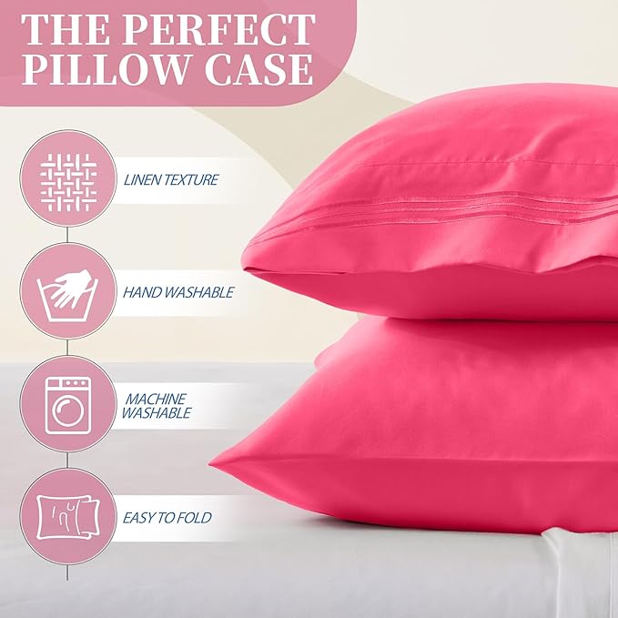 Vonty 2 Pack King Pillow Cases - 20x40 Inch, 1800 Thread Count Microfiber Pillowcases King Size Hot Pink Pillow Cases Luxury & Soft Embroidered Bed Pillow Covers with Envelope Closure
