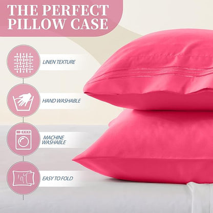 Vonty 2 Pack King Pillow Cases - 20x40 Inch, 1800 Thread Count Microfiber Pillowcases King Size Hot Pink Pillow Cases Luxury & Soft Embroidered Bed Pillow Covers with Envelope Closure