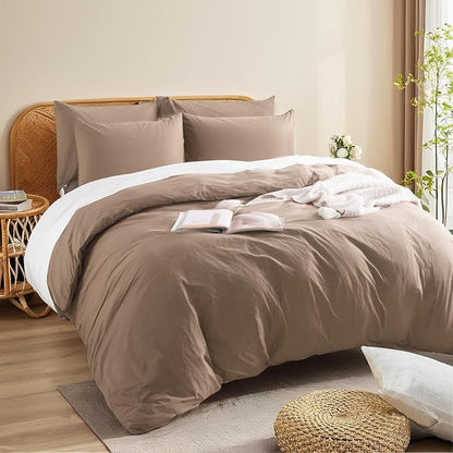 NEXHOME PRO 100% Washed Cotton Duvet Cover King Size, Ogranic Natural Linen Feel Breathable Bedding Set with Zipper Closure, 3 Pieces Duvet Cover Set Toffee (No Comfortert) 10490